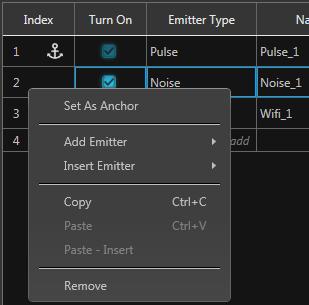 Environment scenarios Emitter menu operations Combine Scenarios Make a Copy Rename Remove Allows you to create a new scenario that includes all emitters contained in the scenarios selected to combine.