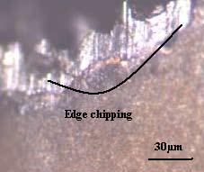 IJRMET Vo l. 4, Is s u e 2, Sp l- 2 Ma y - Oc t o b e r 2014 Fig. 7: Edge Chipping of Insert at v=190m/min, f=.24mm/rev and W.H=52HRc As shown in figs.