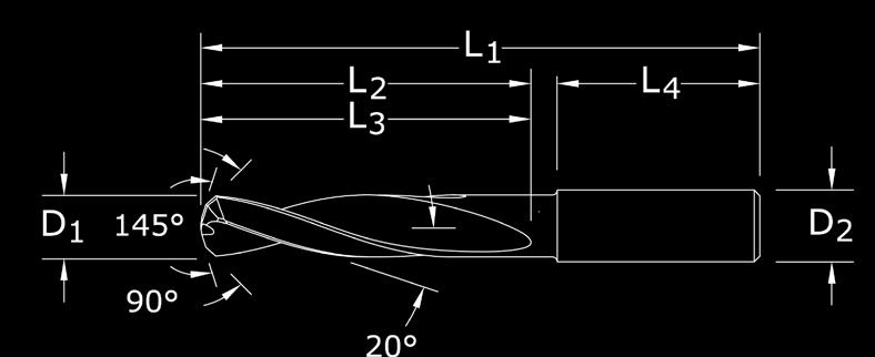 Series 120 8 Facet Drill Tolerances (inch) All +.0000 / -.0005 h6 Tolerances (mm) All +0,000 / -0,013 h6 Size D 1 Decimal Equivalent Shank D 2 Overall Flute Di-NAMITE (TD) L 4 /L 3 #40 0.