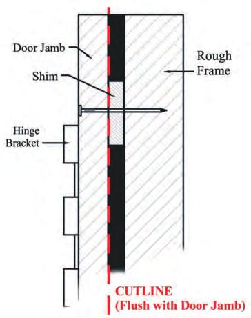 Note: The door in the illustrations is removed for visual clarity only. It is not necessary to remove the door to install Door Jamb Armor. Hinge Shield Installation.