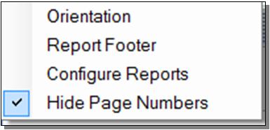 In order to show page numbers of the report: Click the Hide Page Numbers title again. The checkmark will not display to the left of Hide Page Numbers title.