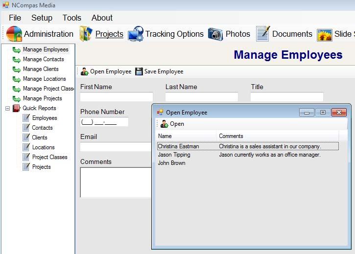 To add a new employee: Select Projects in the top NCompas Media toolbar Select Manage Employees from the side menu Enter the employee information in the fields provided Click Save Employee To view