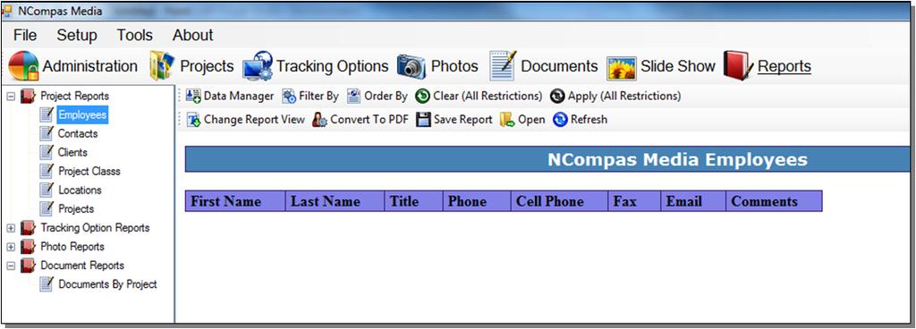 To generate a document report: Click the Reports icon In the left menu expand the Document Reports section Select Documents By Report A list of document by project will be generated.