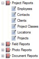 Employees, Contacts, Clients, Project Classes, Locations, and Projects.