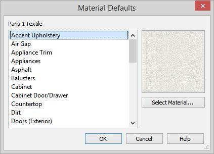 The default dialogs for architectural objects such as doors and windows have a MATERIALS panel that allows you to set the material defaults for object components.