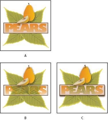 Knocking out shapes using a bitmap object A. Original artwork B. Darken blending mode applied to the word PEARS, and Group option selected C.