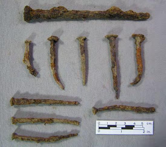 Thwings Point 2015 14 Figure 18. Showing a spike and various nail types all from the Feature 6 cellar hole, N205 E191. found. We also found 152 spikes.