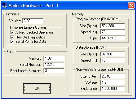 Modem Hardware Screen Choose the Retrieve Modem Hardware menu to read and display the modem hardware details.