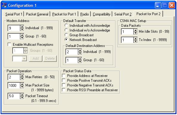 These configuration options are set using the Packet for Port 1 and Packet for Port 2 tabs of the Modem Configuration.