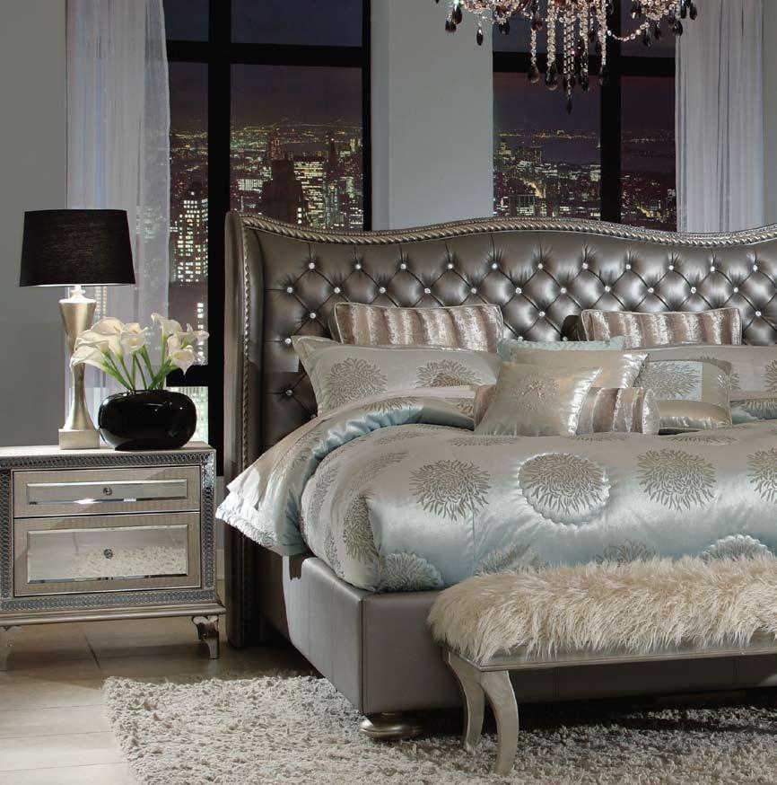 Upholstered platform EASTERN KING BED 03000EKUP-78: in Graphic Metallic finish, tufted leather headboard accented with crystals and modern feet.