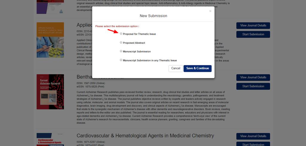 Step 3: A window appears as shown in Fig (5) which gives information about the submission options. The Proposal for Thematic Issue option can be selected.