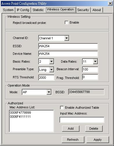 4) Wireless Operation: Using this option you can either view or modify the