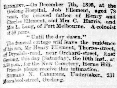 Job was buried in an adjoining plot to his wife Eliza and son Edward at Geelong Western Public Cemetery. xxxviii There is no headstone. Job s death notice states he was a colonist of 50 years.