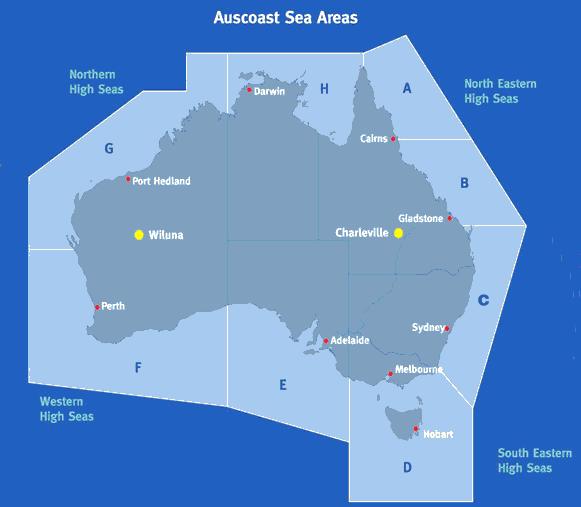 Figure 1 Australian Coastal Areas for use with SafetyNET Broadcasts Example of a Coastal Warning message created by RCC Australia: Our ref: Y0304590 X400 ref: X03047999,X03048000 Sent via Inmarsat-C.