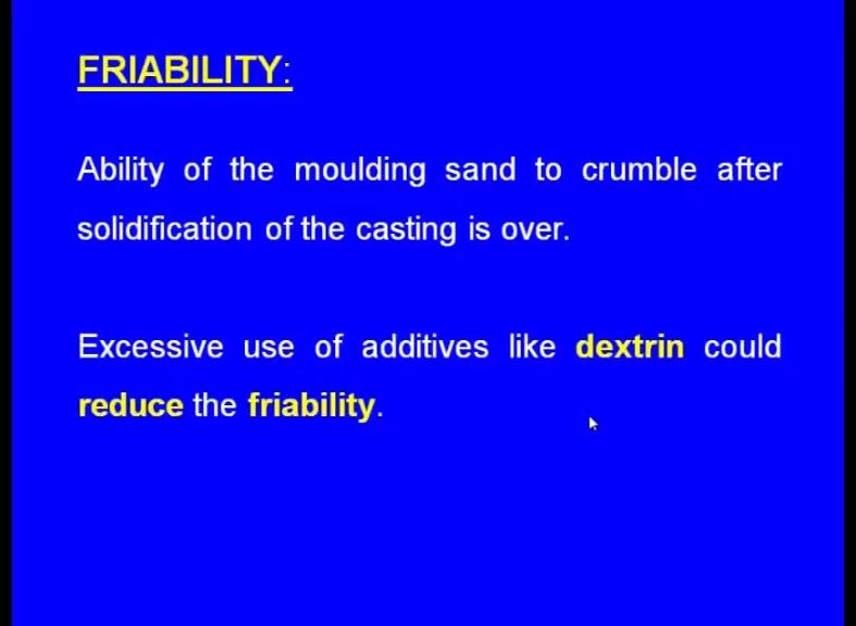 flour the collapsibility will be improved we can easily break the moulding sand after the solidification of the casting. Next property is the friability what is this friability?