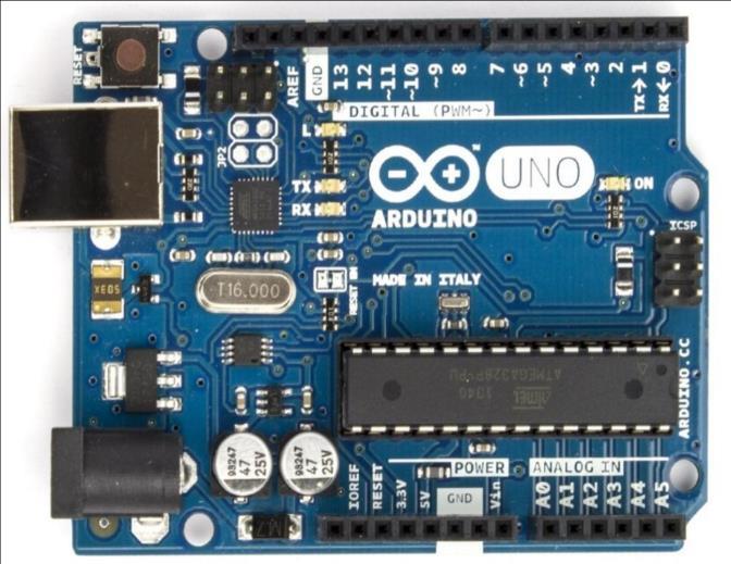 3. HARDWARE IMPLEMENTATION: 3.1 Arduino UNO: The Arduino UNO is a microcontroller which has both analog and digital pins. The motor driver shield is mounted on the Arduino UNO.