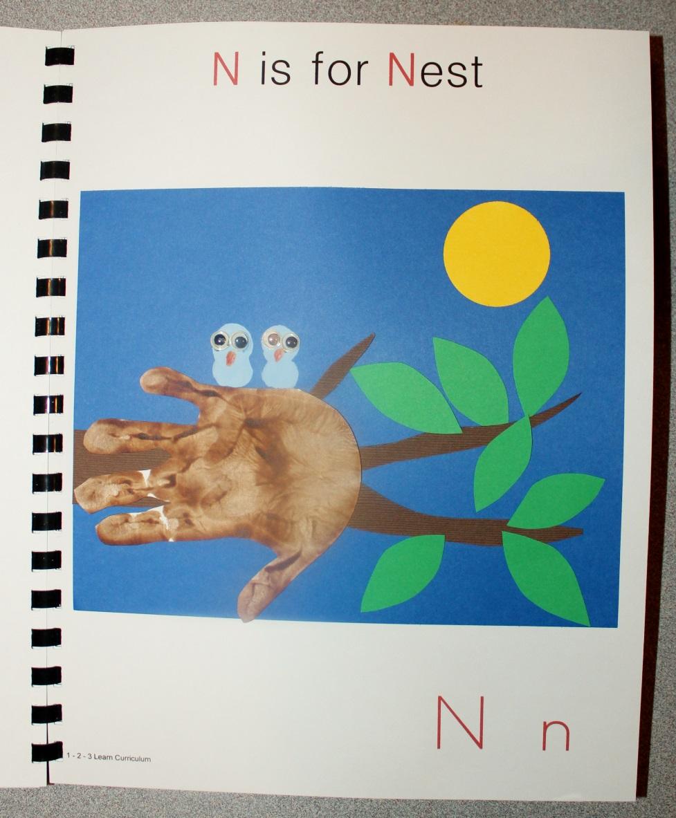 N is for Nest Ahead of time cut out a branch using brown card stock, leaves using green and a sun using yellow card stock. Paint the child s hand brown and place on a piece of white card stock.