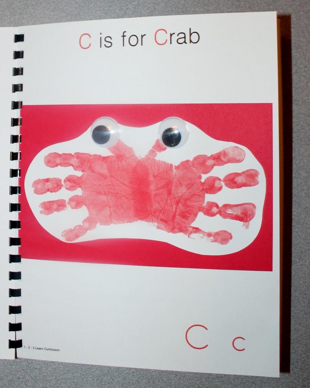 C is for Crab For the crab you will need to paint each hand red. Paint one, place on white card stock. Make sure to leave enough room on the paper for the placement of the other hand print.