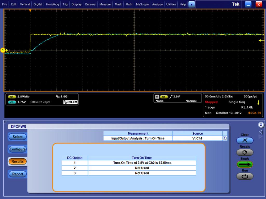 Figure 8. Screenshot of turn-on time test of DPOPWR software on MSO5000 scope displaying the measured turn-on time (highlighted in red).