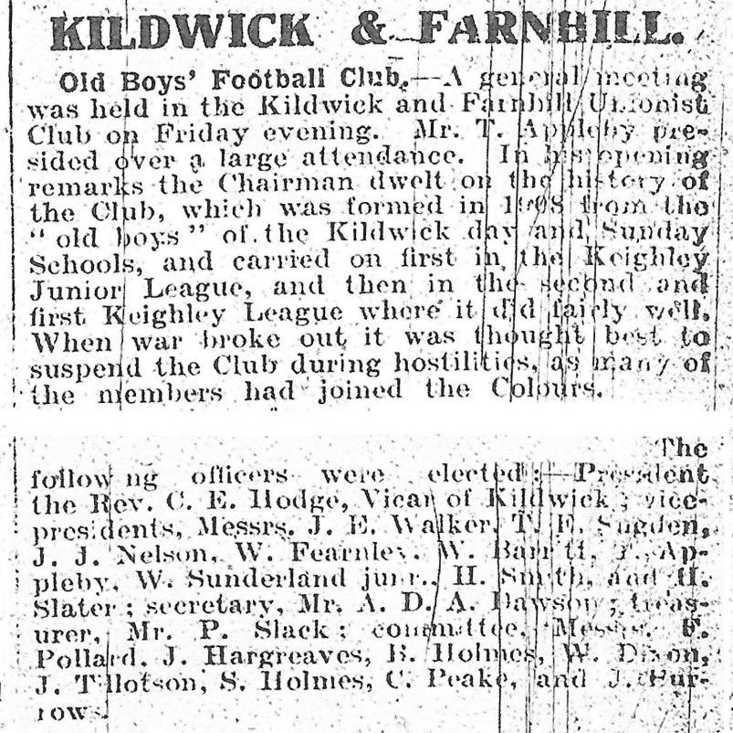 Post-war life Thomas returned to Holme Bank just as post-war life was resuming in the village and, in May 1919, he was elected vice-president of the newly reformed Kildwick Old Boys football club.