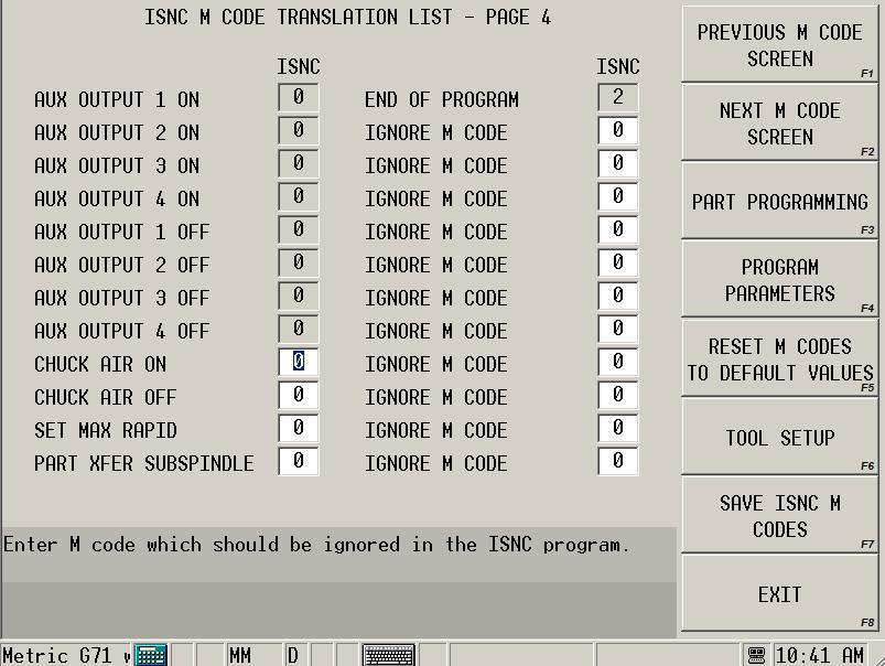 The last of the ISNC M Code Translation List screens, Page 4, contains a listing of codes which can be ignored because the program contains M Codes for functions that the WinMax Lathe Max Control