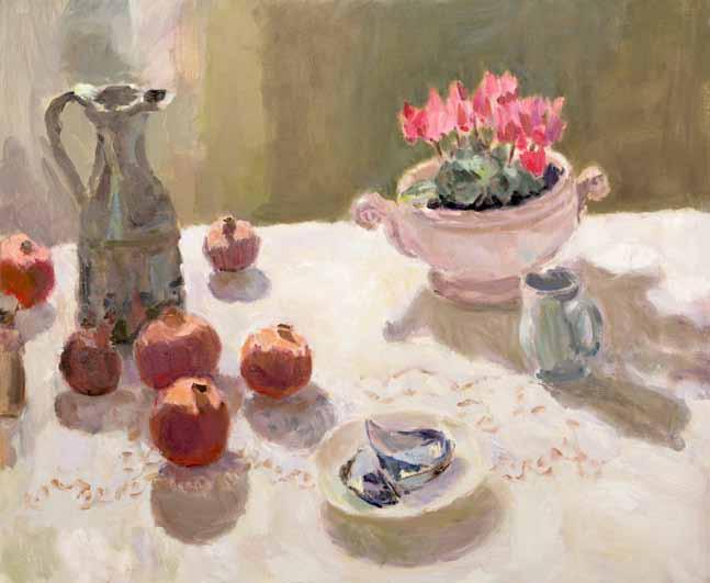 Pomegranates with Cyclamen and Mussel Shells