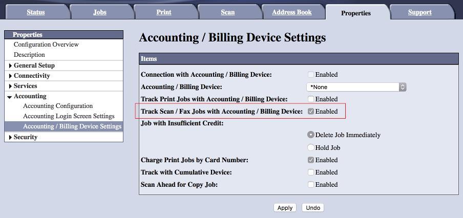 To configure the Accounting / Billing Device Settings: 1. Log in to the device s web interface as an administrator. 2. Navigate to Properties > Accounting > Accounting / Billing Device Settings. 3.