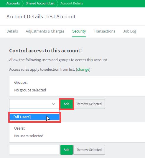 6. Verify that the Accounts > Shared Account List page displays the test account created. 7. Click the test account. 8. Navigate to Security. 9.