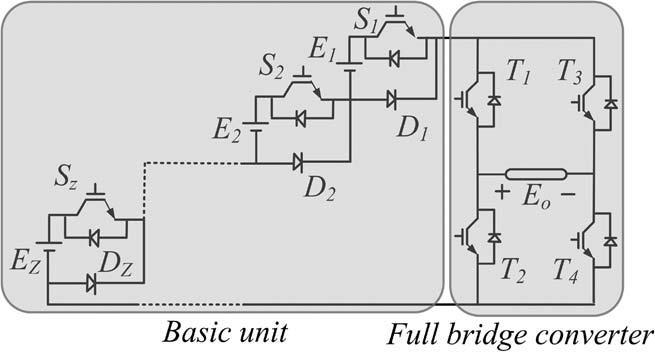 It is connected to a full bridge converter, which particularly alternates the input voltage polarity and generates positive or negative staircase waveform (Eo) 
