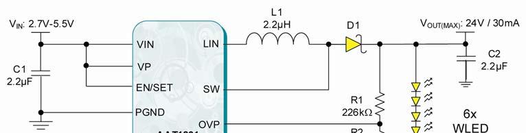 Figure 2: Six Series WLED Backlight (Problem: Limited Number of Series WLEDs) The following discussion will focus on a coupled inductor boost approach for constant current WLED backlight drivers.