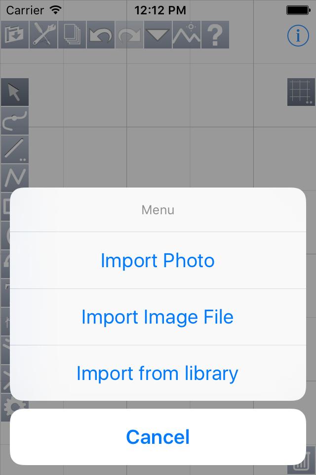 Importation : This button allows to import : - a photo from album; - a picture file; - a drawing from library.