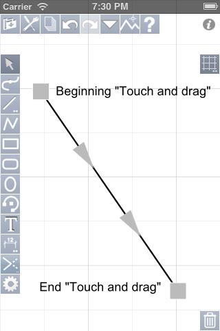 The drawing tools : The use of the drawing tools is intuitive, for example, to draw a line, select the tool "Line" then put a finger on the screen to define the first point of the line then move your