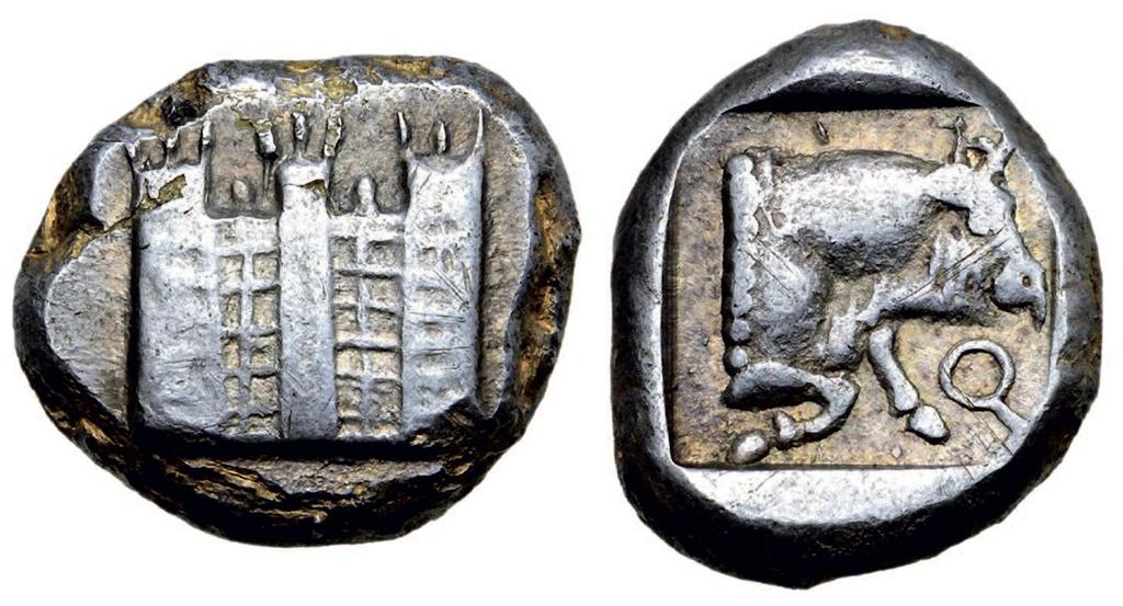 Figure 6 Silver stater of Tarsus from the period circa 455 400 showing the walls of the city and the forepart of a bull. Below the bull is the same monogram as on the coin in Figure 5.