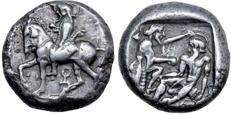 Another coin of Tiribazos shows Athena, the Greek warrior-goddess, on the obverse, and on the reverse there a woman kneeling down to toss astragaloi (knuckle bones) which were used like dice.