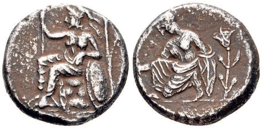 Figure 10 Silver stater of Tiribazos minted at Tarsus. Obverse: Athena. Reverse: woman tossing astragaloi (off flan). There is a lotus flower on the right.