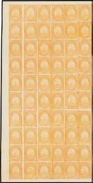 olive-brown & 10/- in yellow-orange complete imperforate panes of 60 (6x10) on thick ungummed unwatermarked paper, all three items show the