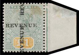 dull violet overprinted 'TASMANIA/ POSTAGE & REVENUE/TWO SHILLINGS/AND SIXPENCE' or in grey-green similarly overprinted '.