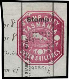 [A similar lot sold for $460 at our auction of 18/12/2010] {Website} (3 documents) Revenue Stamps - Impressed Duty 400 Ex Lot 552 552 DC Exhibit pages with colourless 1d (squared) on unused cheque,