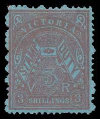 Prestige Philately - Auction No 168 Page: 43 VICTORIA - Special Studies (continued) Lot 732 732 * A B2 1884-96 LARGE STAMP DUTY DESIGNS: 3/- purple/blue Perf 12 SG 237a, some irregular perforations,