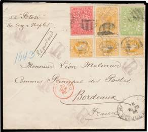 ] 250 735 C A- Lot 735 1884-96 LARGE STAMP DUTY DESIGNS: 6/- apple-green Perf 13 SG 239 in combination with Electrotyped 1/6d rosine & 2/6d yellow-orange plus 'STAMP - DUTY' Overprints 3d orange