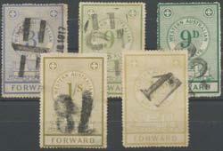 Prestige Philately - Auction No 168 Page: 55 WESTERN AUSTRALIA - Railway Stamps (continued) 912 O A/B Ex Lot 912 1912 No Watermark 3d, 9d two distinctive shades & 1/- two distinctive shades (both