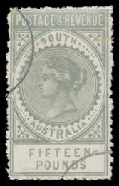 Prestige Philately - Auction No 168 Page: 9 SOUTH AUSTRALIA - The Long Stamps (continued) 326 V A+ B2 Lot 326 1886-96 'POSTAGE & REVENUE' Perf 11½-12½ 15 silver SG 207a, exceptional metallic lustre,