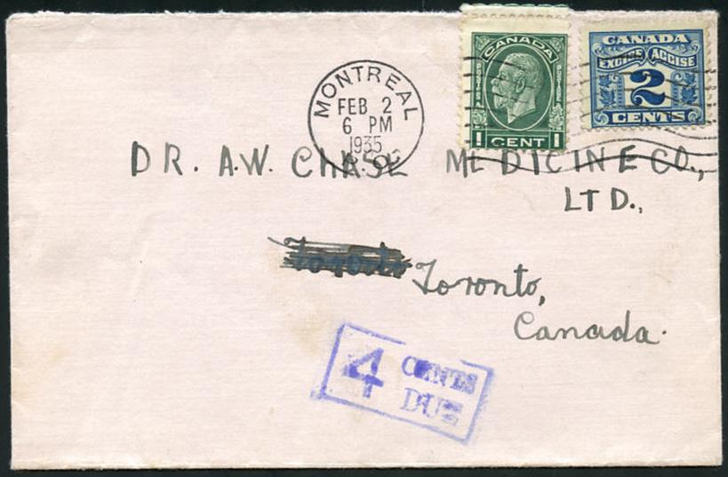 4 Cents Due postage due handstamp applied. On reverse Montreal, Canada No.