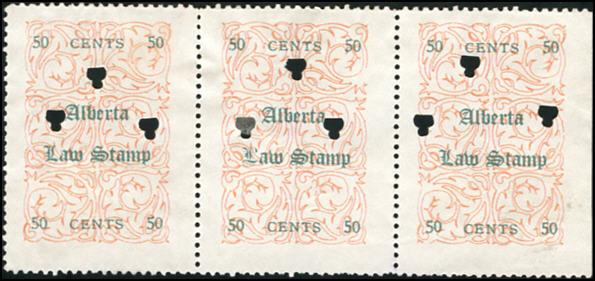 1906 Alberta - AL13, 13L - 50c red & green horizontal strip of 3.