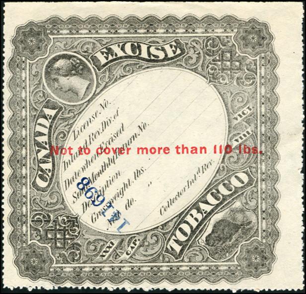 1868 Tobacco stamp Brandom RM115, type I overprint.