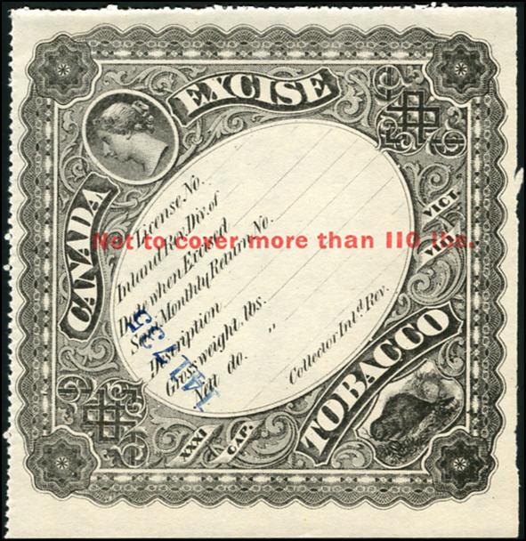 - $25 (±US$20) 1868 Tobacco stamp Brandom RM116, type II overprint.