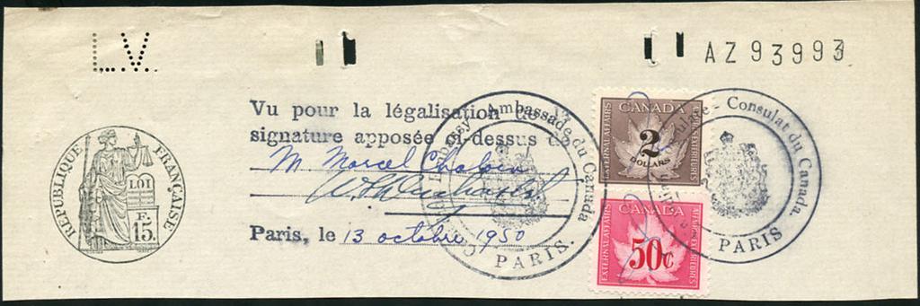 $25 (±US$20) FCF2-50c consular Fee + FCF4 - $2 on 1950 partial document with imprinted 15 Franc French revenue at left.