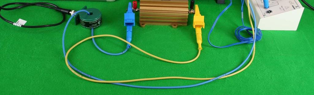- Connect the plug connector (blue) with the resistor, conduct it through the current transformer and plug it into the bipolar socket at the DUT - Insert the yellow clamp cable into