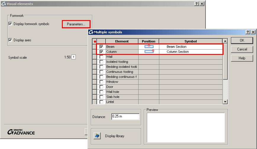 8. In the "Visual elements" dialog box, select Display formwork symbols to display symbols on the