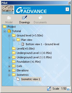 Advance switches automatically to the Drawings mode. The isometric view is displayed.